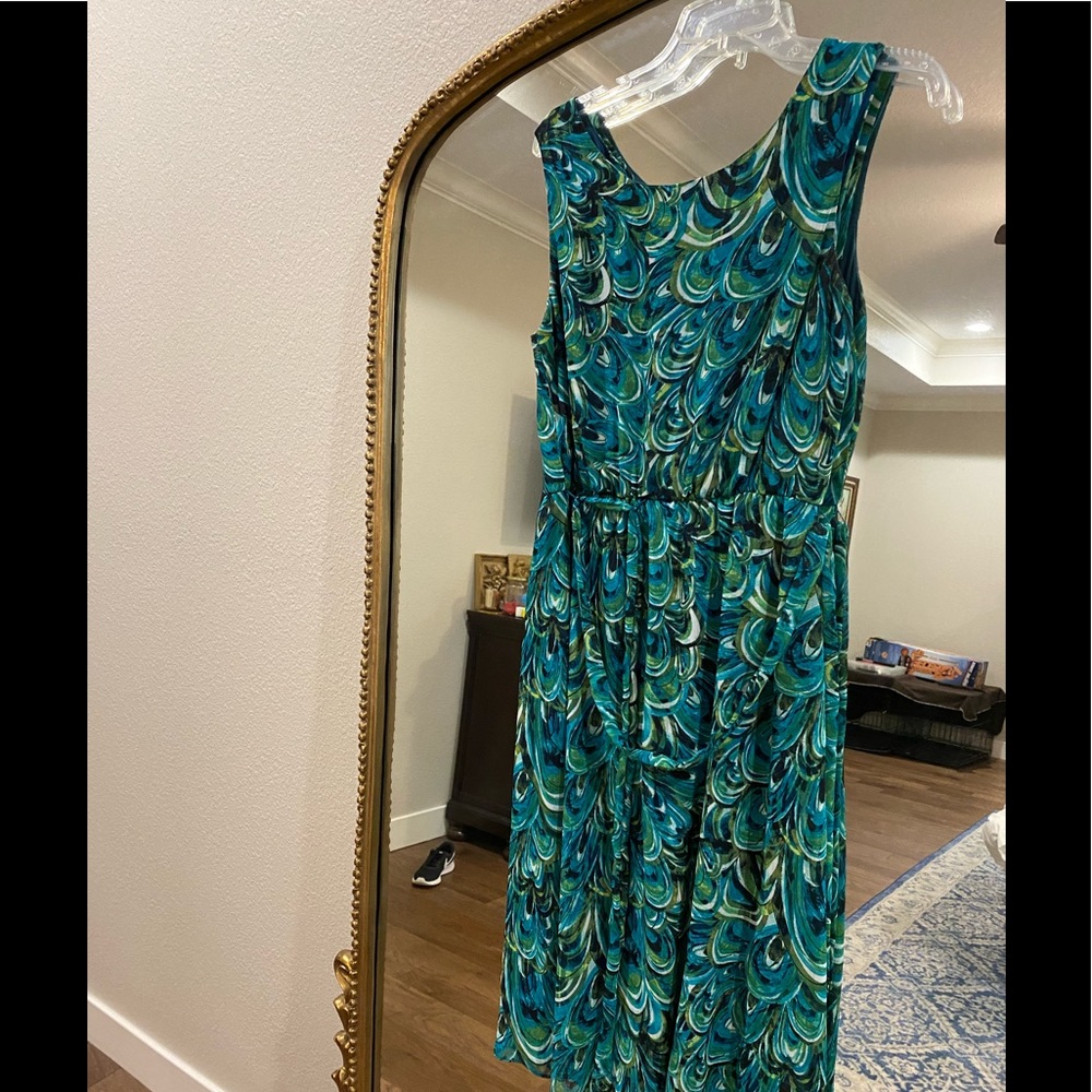 abstract peacock inspired midi dress